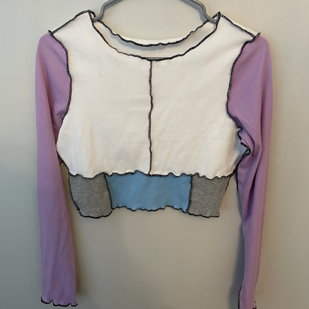 Contrast piping colorblock Rib-knit tee